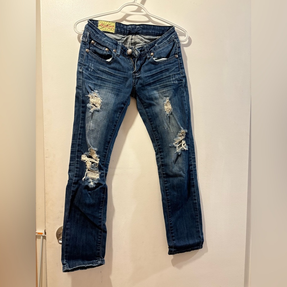 Machine Distressed Blue Jeans